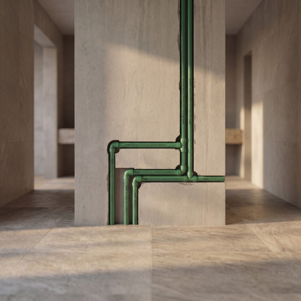 Diagram showing recommended PPR pipe sizes for residential plumbing systems, including main supply lines, branch lines, and fixture connections.