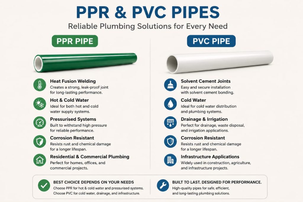 Side-by-side comparison of PPR pipes and PVC pipes showing differences in material, installation, temperature performance, and applications.