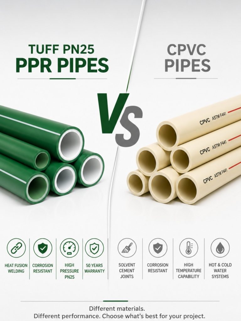 Side by side comparison of TUFF PN25 PPR pipes and CPVC pipes highlighting differences in material, installation methods, pressure performance, and plumbing applications.